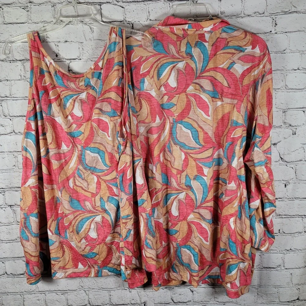 Ali Miles Twin Set Womens 3X Coral Turquoise Abstract Leaf Print Excellent Slub